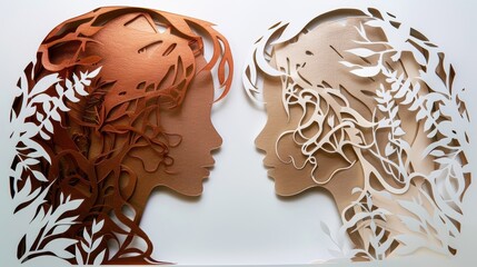 Detailed paper cut silhouettes of two faces in profile, intricately designed with floral patterns, set against a plain background.