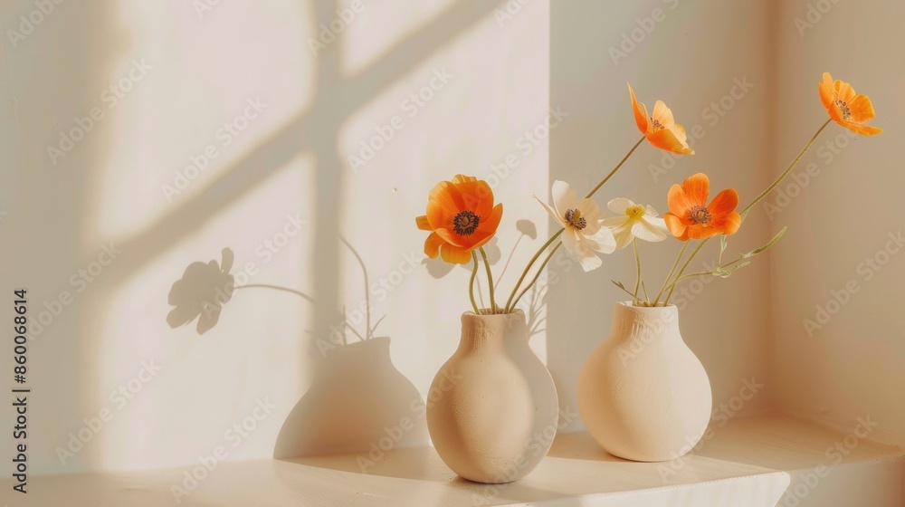 Poster a minimalist floral arrangement in vases casting soft shadows on a wall, creating a serene and elega
