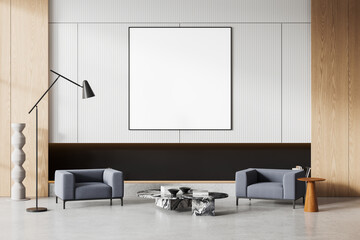 Modern home relax room interior armchair and shelf with decoration, mockup frame