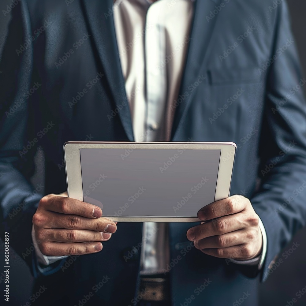 Poster a person holding a tablet computer, suitable for technology and business-related concepts