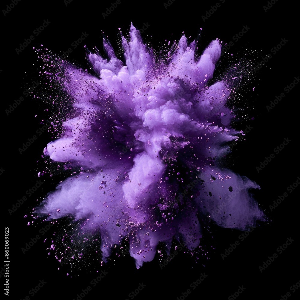 Poster a close-up shot of a vibrant purple powder exploding on a dark background, ideal for use in designs 