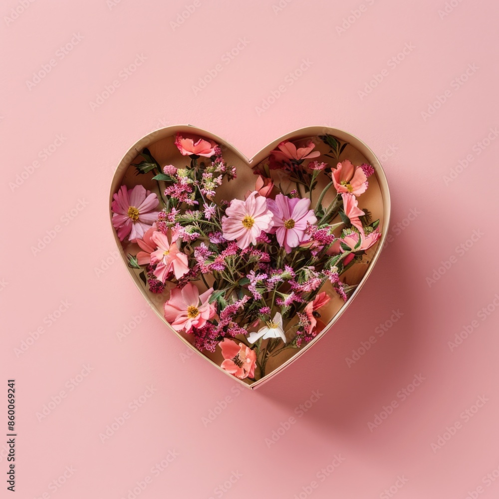 Sticker A heart-shaped box filled with flowers on a pink surface, perfect for romantic occasions or as a decorative piece