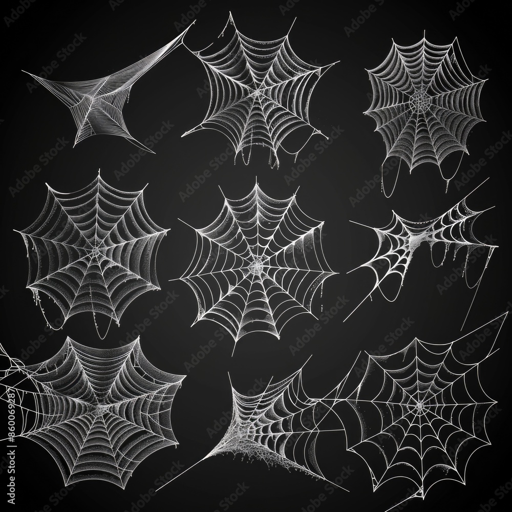 Poster Close-up view of spider webs on a dark background