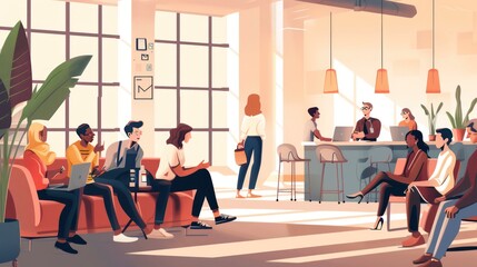 Beautiful business people are using gadgets, talking and smiling during the conference in office