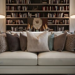 Penthouse on white couch with a bookshelf