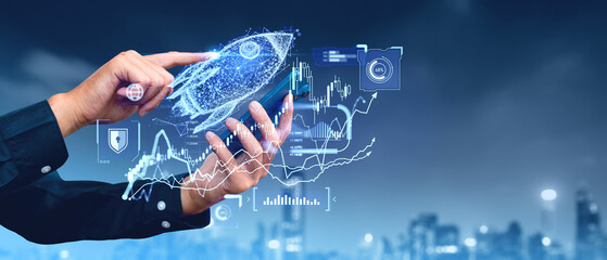 Businessman with phone finger touch rocket, forex statistics and graph chart