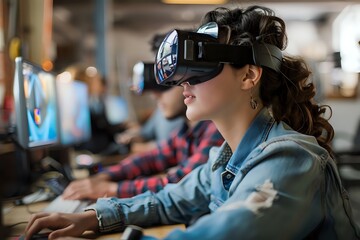 Woman wearing virtual reality headset.