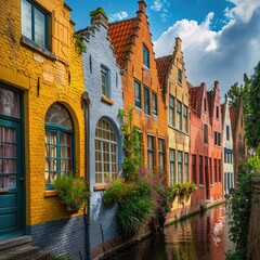 Obraz premium Colorful buildings along a riverbank, perfect for travel or cityscape use