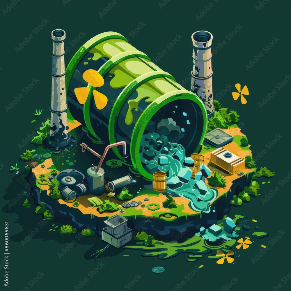 Poster a photograph of a green barrel filled with trash sitting on top of a pile of trash