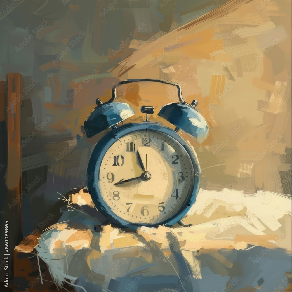 Poster A simple alarm clock sitting on a flat surface with a calm background