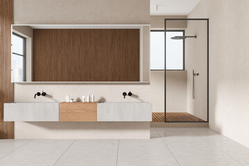Beige home bathroom interior with double sink and glass shower, window