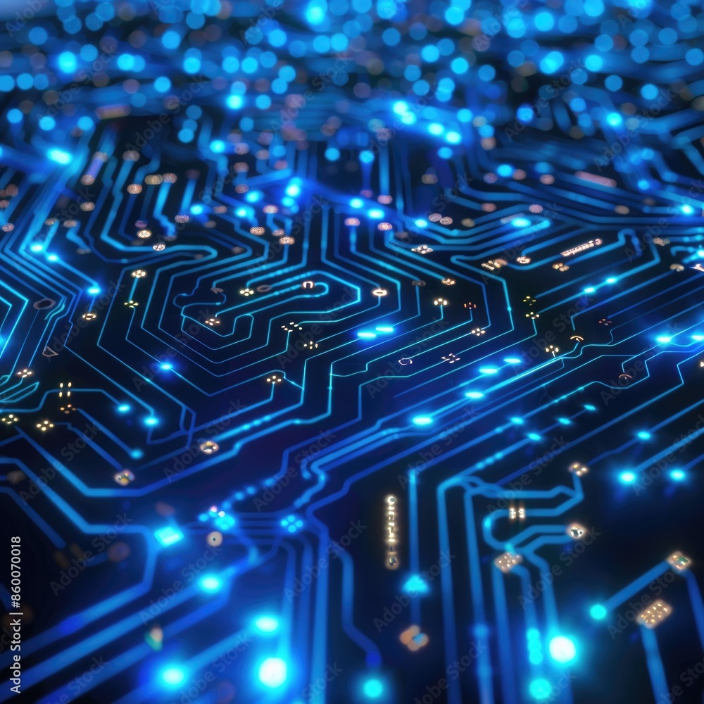 Aufkleber a close-up shot of a circuit board with blue led lights, suitable for use in technology and electron