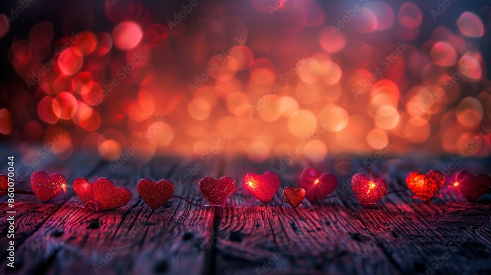 Poster a string of glowing red heart lights on rustic wooden planks with a vibrant red bokeh background, cr
