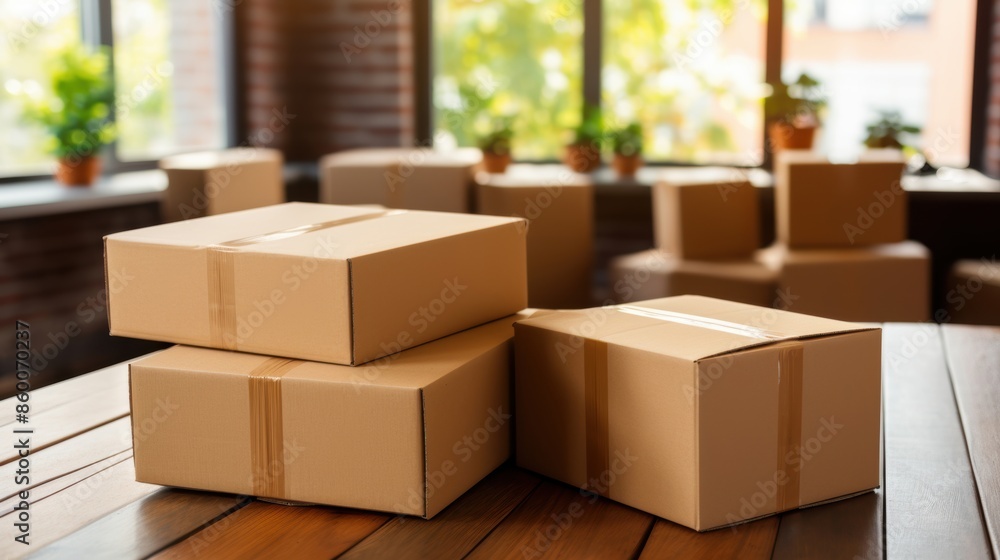 Poster a neat stack of cardboard boxes in a bright office space with large windows, ready for shipping or m