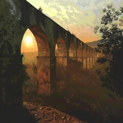 Fototapeta premium Rural landscape with a bridge and sunset, ideal for travel or nature articles