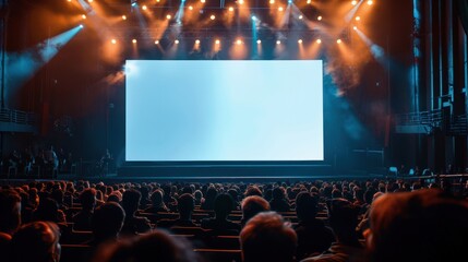 A large blank cinema screen in a dimly lit theater filled with an audience, capturing the anticipation of a movie about to start.