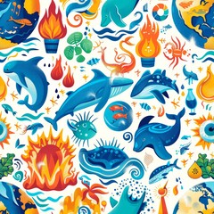A colorful ocean scene with various sea creatures and a fire in the background. Scene is lively and playful, with a sense of adventure and exploration