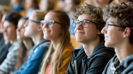 Obraz premium A group of students attentively listening to a lecture in a classroom, capturing their engagement and focus on the subject matter.