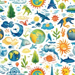 Obraz premium A colorful and whimsical design of the world with a variety of animals and objects. Scene is playful and imaginative