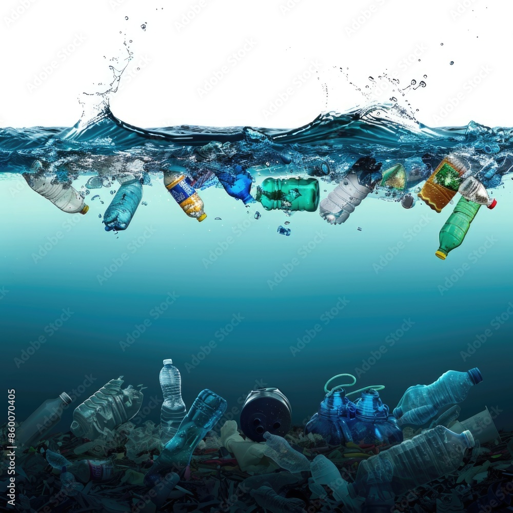 Poster a group of plastic bottles floating on the surface of the ocean, highlighting the impact of human ac