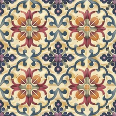 Fototapeta premium A tile pattern with a blue and red flower design. The tile pattern is made up of squares and circles