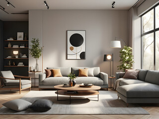 A 3D illustration of a modern living room interior, featuring contemporary furniture, stylish decor, and natural lighting. The scene is realistic and inviting, showcasing a blend of comfort and elegan