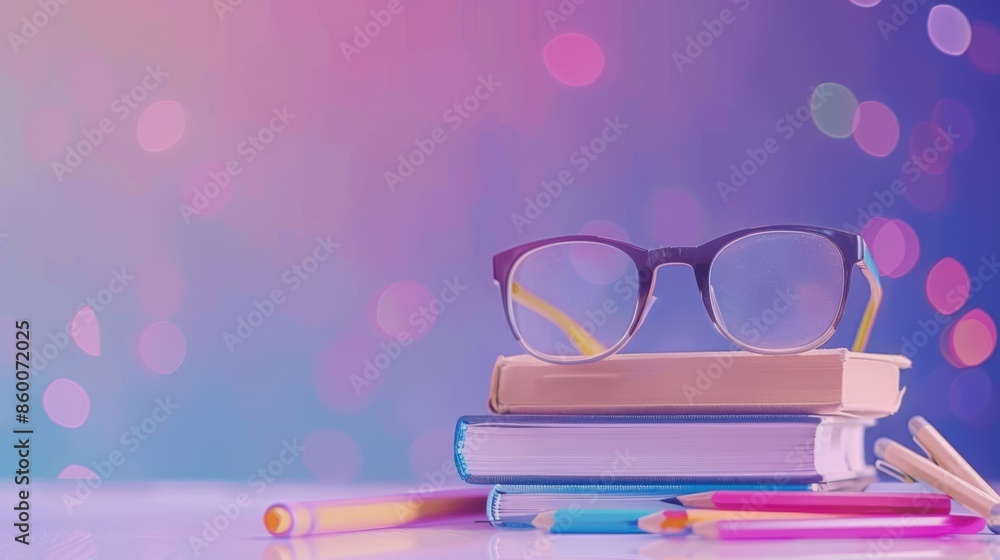 Poster stack of books with glasses on top, set against a colorful bokeh background, creating a whimsical an