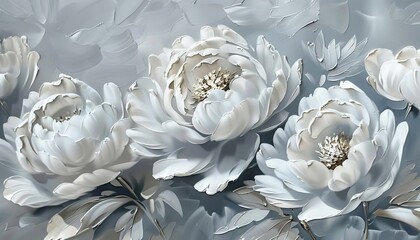 "3D Textured Painting of White Peonies on Grey Background"