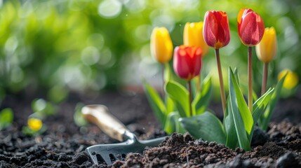 Bright red and yellow tulips in full bloom, planted in rich garden soil with a trowel resting nearby.