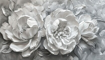 "3D Textured Painting of White Peonies on Grey Background"