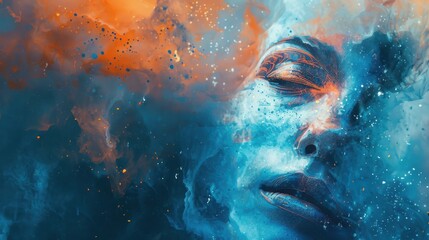 Fototapeta premium Abstract Dreamy Face in Blue and Orange Hues.