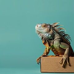 Fototapeta premium A majestic iguana beside a food box on a solid teal background, with a large area for text at the bottom.