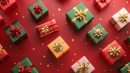 Colorful Wrapped Gifts Box Pattern On Red Background