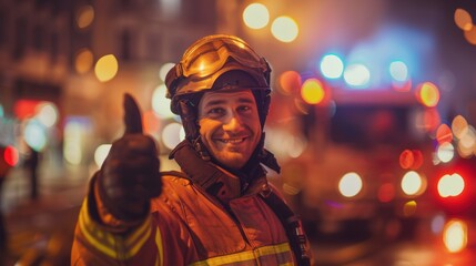A smiling firefighter gives a thumbs up in front of blurred emergency lights, symbolizing bravery and success.
