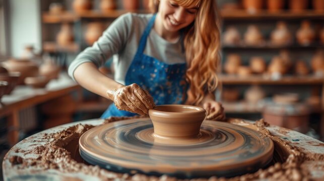 A woman with long hair smiles while shaping clay on a pottery wheel, enjoying the art of pottery making.