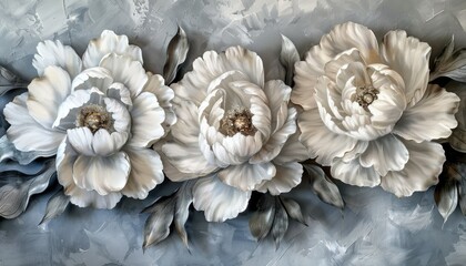 "3D Textured Painting of White Peonies on Grey Background"