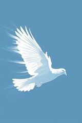 Fototapeta premium Minimalist design of a single white dove flying against a blue background.