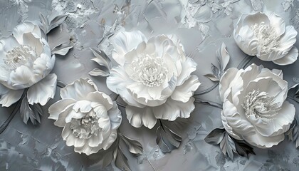 "3D Textured Painting of White Peonies on Grey Background"