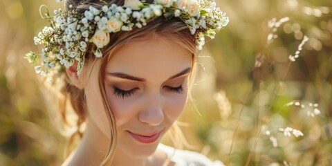Fototapeta premium Elegant Bride Wears Floral Wreath at Stylish Wedding