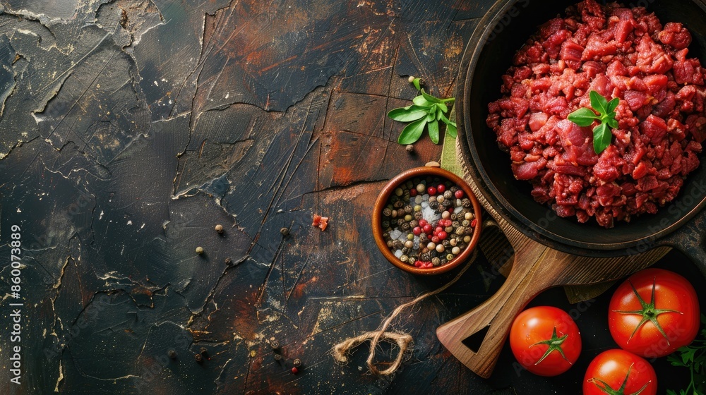 Poster fresh and delicious minced beef on rustic table top view with copy space