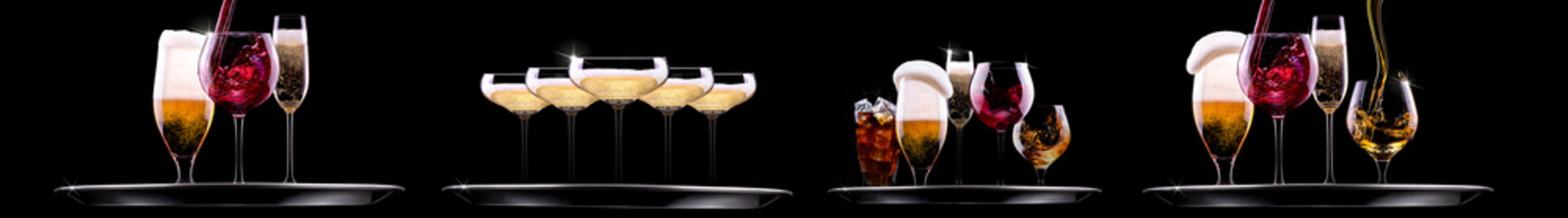 Hand holding tray with different alcohol cocktails isolated on black background