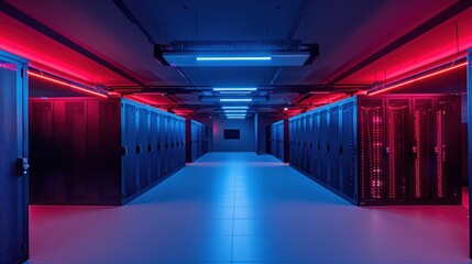 Modern Data Center With Multiple Rows of Fully Operational Server Racks. Modern Telecommunications, Artificial Intelligence, Supercomputer Technology Concept. with Dark Neon Blue, Pink and red lights.
