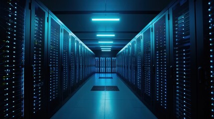 Modern Technology Center Server Racks, Concept of Internet of Things, Big Data Protection, Storage, Cryptocurrency Farm, Cloud Computing. Server racks in the server room data center