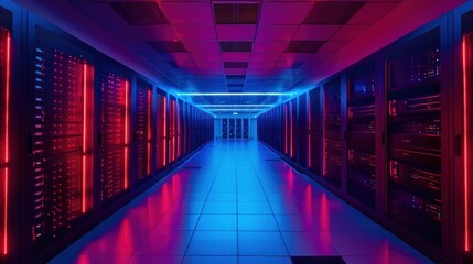 Modern Data Center With Multiple Rows of Fully Operational Server Racks. Modern Telecommunications, Artificial Intelligence, Supercomputer Technology Concept. with Dark Neon Blue, Pink and red lights.