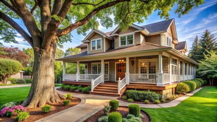 Serene suburban home with horizontal wooden porch and lush greenery surrounding a majestic tree standing tall in the front yard.