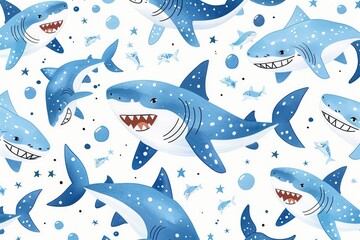 Fototapeta premium Cute sharks cartoon pattern design. ai generated