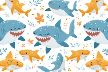 Fototapeta premium Cute sharks cartoon pattern design. ai generated
