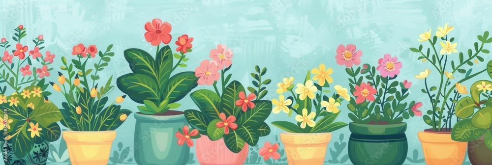 Poster a row of vibrant, potted flowers with colorful blooms, perfect for adding a touch of nature to any h