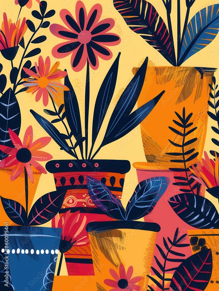 Poster a close-up image of colorful, stylized flowers in various decorative pots, perfect for adding a touc