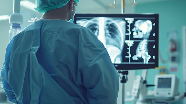 A doctor inspects the hospital's X-ray film room for total hip replacements.
